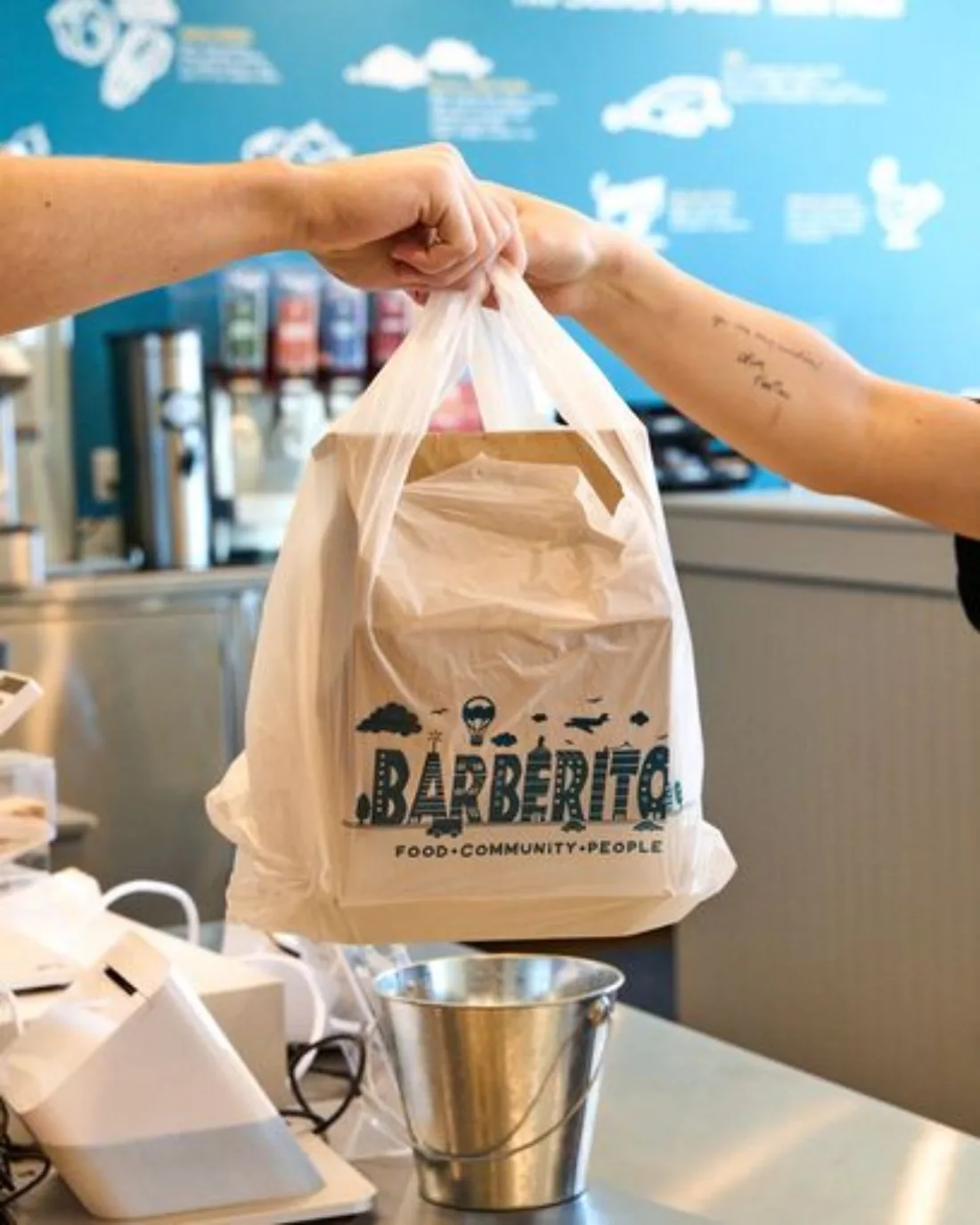 Barberitos takeout bag handoff photography