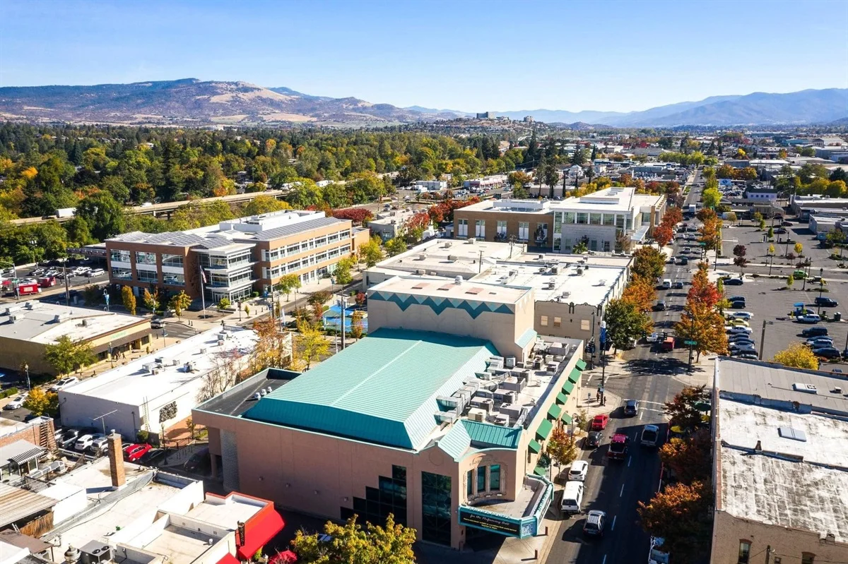 Aerial view of downtown Medford and the surrounding Rogue Valley